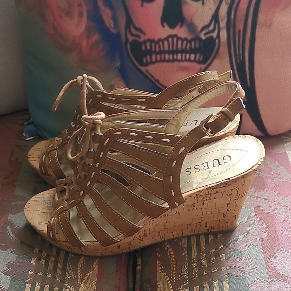 Guess Tan Wedge Sandals with Ankle Strap - Picture 1 of 4